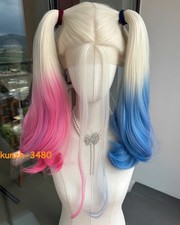 Harley Quinn Joker Halloween Cosplay Wig Pink Blue Ponytail Hairpiece Handmade