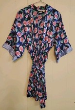 Vintage 90s Adonna S Small Short Robe Nighty Floral Polka Dot Bows Blue Satin