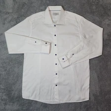 Eton Dress Shirt Mens 18 46 XXL White Textured Contemporary Fit Blue Buttons EUC