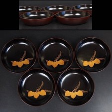 Antique Wajima Gold Maki e Small Bowls Set Of Five Japan Lacquer wood Black 