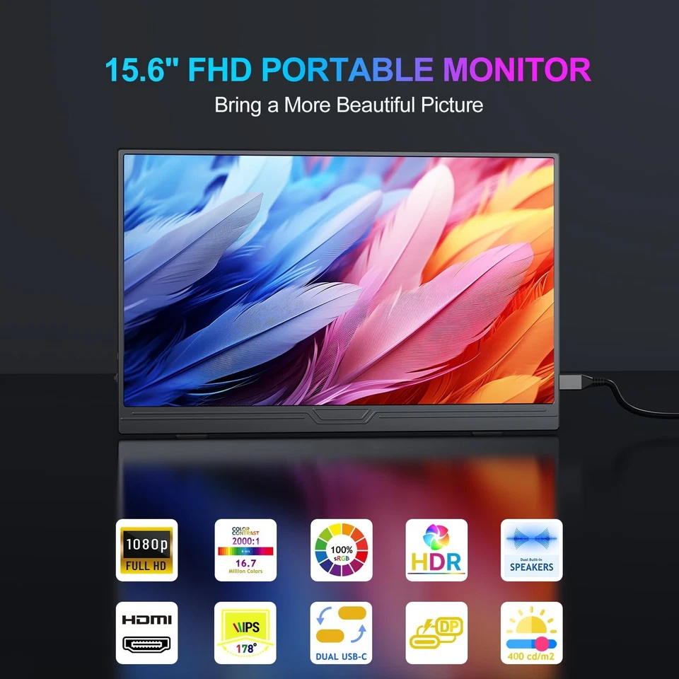 Portable Monitor 15.6 Zoll Tragbarer Mobiler Monitor FHD 1920x1080 HDR - Bild 2 von 4