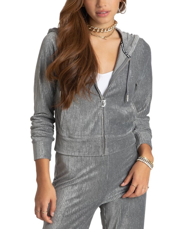 Juicy Couture Wale Velour Shimmering Gray Logo Pockets Hoodie Sz M NWT