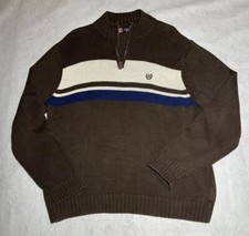 Chaps Sweater Ralph Lauren Brown White Blue Striped 1/4 Zip Pullover Mens Sz XL
