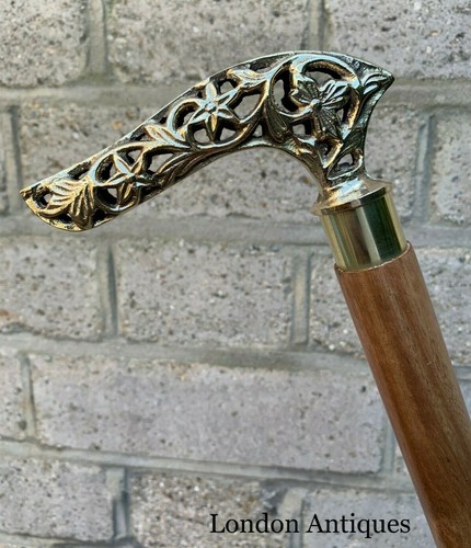 Curved Handle Antique Brass Carved Folding Walking Stick – Dismantles Into Three - Picture 12 of 12
