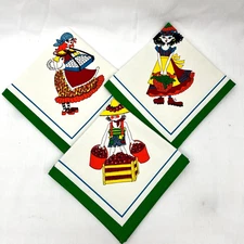 Set of 3 Vintage Fabric Napkins Fun Peasant Children Garden Farm Life Harvest