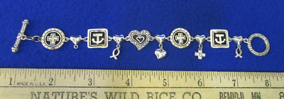 Bracelet Silvertone Religious Symbols Cross Heart Fish With Toggle Loop Closure