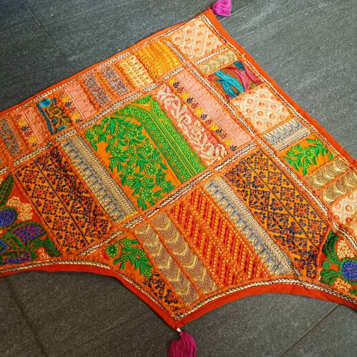 Indian Embroidered Patchwork Orange Gate Toran Door Wall Hanging No 4 - Picture 3 of 11
