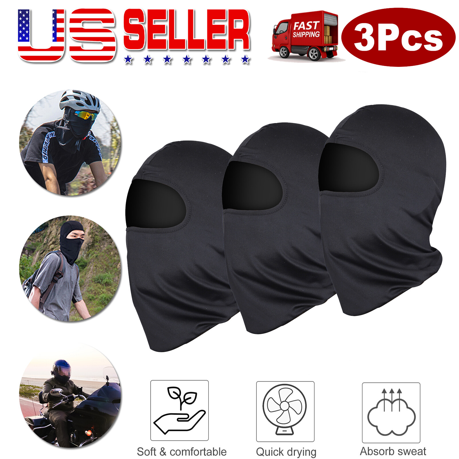 3 Pack Men Women Balaclava Ski Full Face Mask Lightweight Motorcycle Warmer Hat