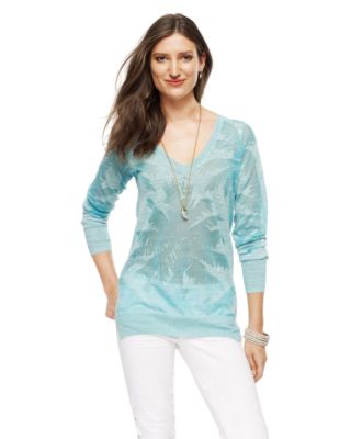 Juicy Couture BURNOUT PALM PARADISE PULLOVER linen blend sea foam Small