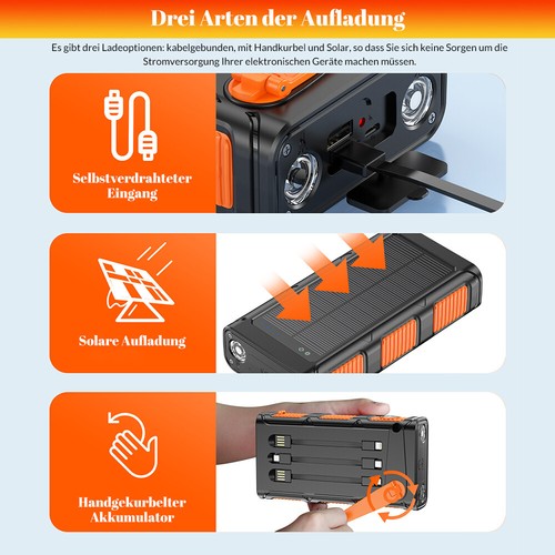 Solar Powerbank 46000mAh Externer Batterie Kurbel Ladegerät 3Kabeln Taschenlampe - Zdjęcie 13 z 28