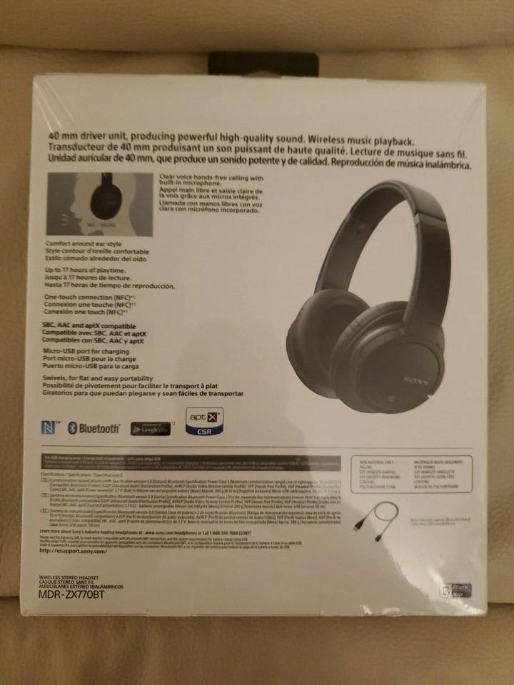 SONY Bluetooth Wireless Over-the-Ear Stereo MDR-ZX770BT Black New Sealed in Box - Image 2 of 4
