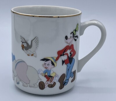 Characters on Parade Walt Disney Productions White Porcelain Mug Japan Gold Trim
