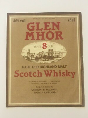 Old Scotch Whisky Flasche Etikett Glen Mhor 8 Jahre Highland Malt Gordon Macphai' 