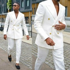 Men's Summer Beach Suit White Linen Jacket Double Breasted Groom Wear Coat Pants