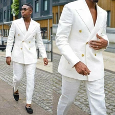 Men's Summer Beach Suit White Linen Jacket Double Breasted Groom Wear Coat Pants