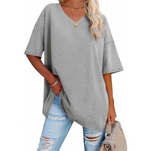 UK Womens V Neck Blouse Summer Casual Baggy Loose T Shirt Tee Tops Tee Plus Size - Picture 5 of 40