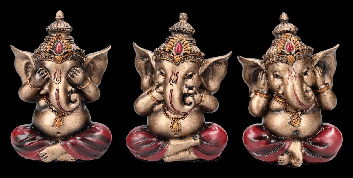 Ganesha Figurines Set - Nothing Evil Elephant Trio - Hindu Buddha Style H 9.5 Cm