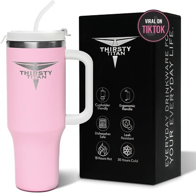 THIRSTY TITAN 40 oz PINK TUMBLER + LID HANDLE STRAW Eco Friendly