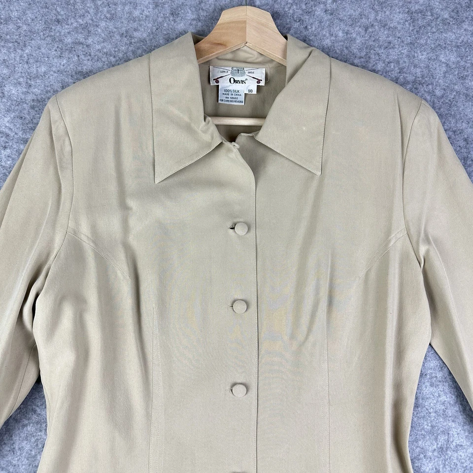 Vestido de seda Orvis vintage para mujer 10 bronceado con cinturón botón manga larga stock muerto NUEVO* Foto 3 de 4