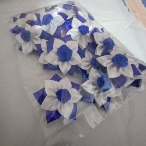 24pcs 2.5” Satin Ribbon Blue & White Flower Rose Applique Craft Wedding Hair Bag - Picture 8 of 9