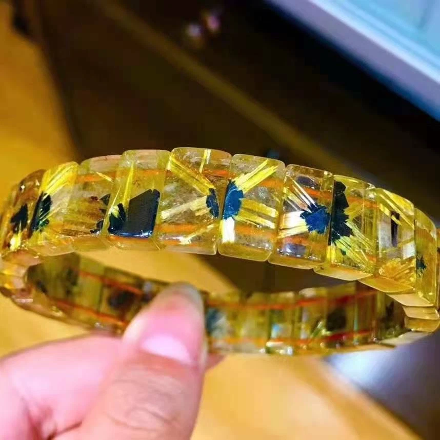 NaturalGold RutilatedQuartzGemstone Crystal Rectangle Bead Bangle Bracelet AAAAA - Image 2 of 4