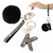 Initial Letter Keychain for Women Girl Bling Rhinestone Sparkly Bag K-black