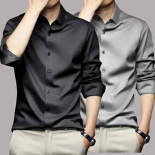 Men's Shirt Social Long Sleeve Solid Slim Fit Casual Formal Business Silk Shirts