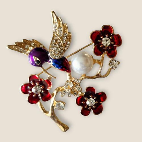 Impresionante Broche Pájaro en una Rama Flor Cristal Imitación Perla y Esmalte Tono Dorado - Imagen 4 de 8