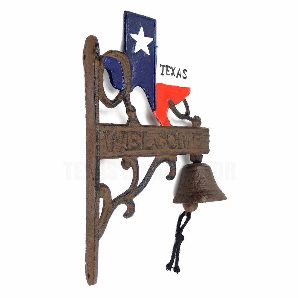 Campana de cena mapa de Texas hierro fundido bienvenida decoración de pared occidental acabado marrón rústico Foto 2 de 4