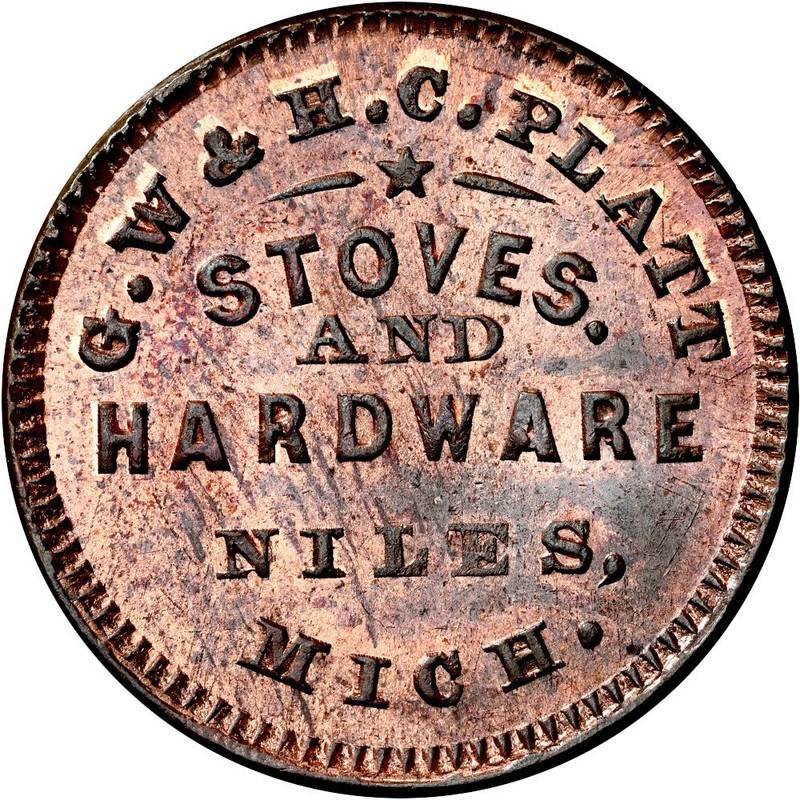 1863 Niles Michigan Civil War Token G W & H C Platt NGC MS66 RB Ex Hetrich