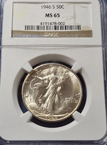 1946-S NGC MS65 Walking Liberty Half Dollar. Nice White Coin