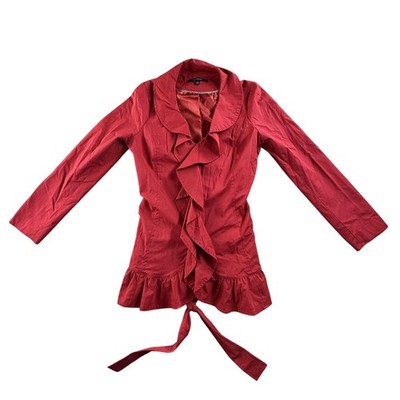 Sandro Studio Jacket Womens Medium Red Ruffle Tie Waist Long Sleeve Lined Blazer
