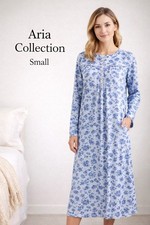 Aria Collection Blue Floral Knit Fleece Nightgown Small Long Sleeve Soft