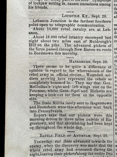 1862 newspaper Civil War MARYLAND CAMPAIGN BATTLE ANTIETAM, SHARPSPBURG - Picture 4 of 11