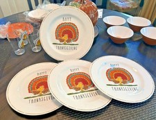 Pottery Barn snoopy peanuts holiday Thanksgiving party PLATE UTENSIL SET 8 