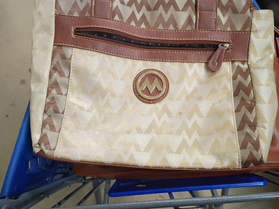 Mkf Beige Brown Tote Bag Chevron Gold Hardware Zipper Outer Pocket Women
