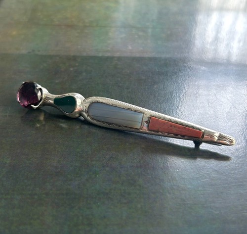 Antique Scottish Agate Sterling Silver Dagger Sword Thistle Brooch Celtic Etched - Picture 3 of 13