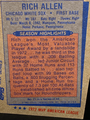 1982 K-Mart Baseball #21 Rich Allen 72AL - Chicago White Sox - Picture 3 of 5