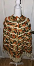 Vtg Handmade 70s Granny Crochet Poncho O/S Blanket Fringe Orange Green Arm Holes