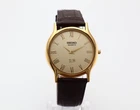 Vintage Seiko Slim Round Quartz Gold Dial Men's Wrist Watch - Dark Brown Strap
