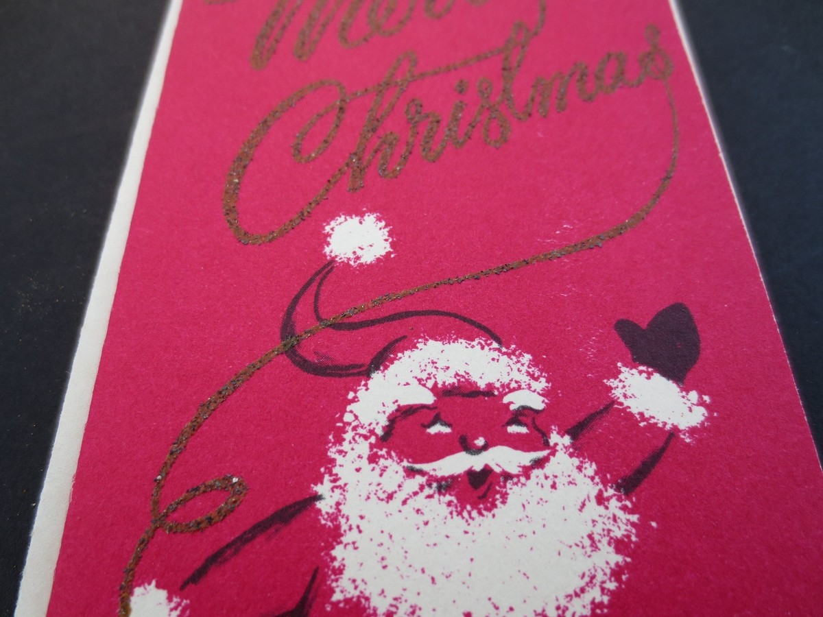 I913- Vintage Unused Glitter Xmas Greeting Card Jolly Happy Santa