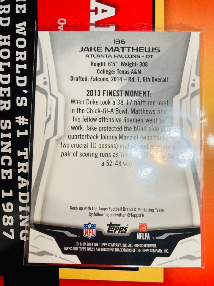 2014 Topps Finest Base #136 Jake Matthews RC - Atlanta FalconsV V454 REFRACTOR - Image 2 of 2