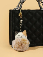 Cat Pom Pom Keychain Bag Charm Tan Fluffy Cute Kawaii Gift 3in 7in 03