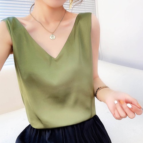 Women Silk Satin Camisole Top Sleeveless V-Neck Casual Blouse Plain Tank T-shirt - Bild 22 von 33