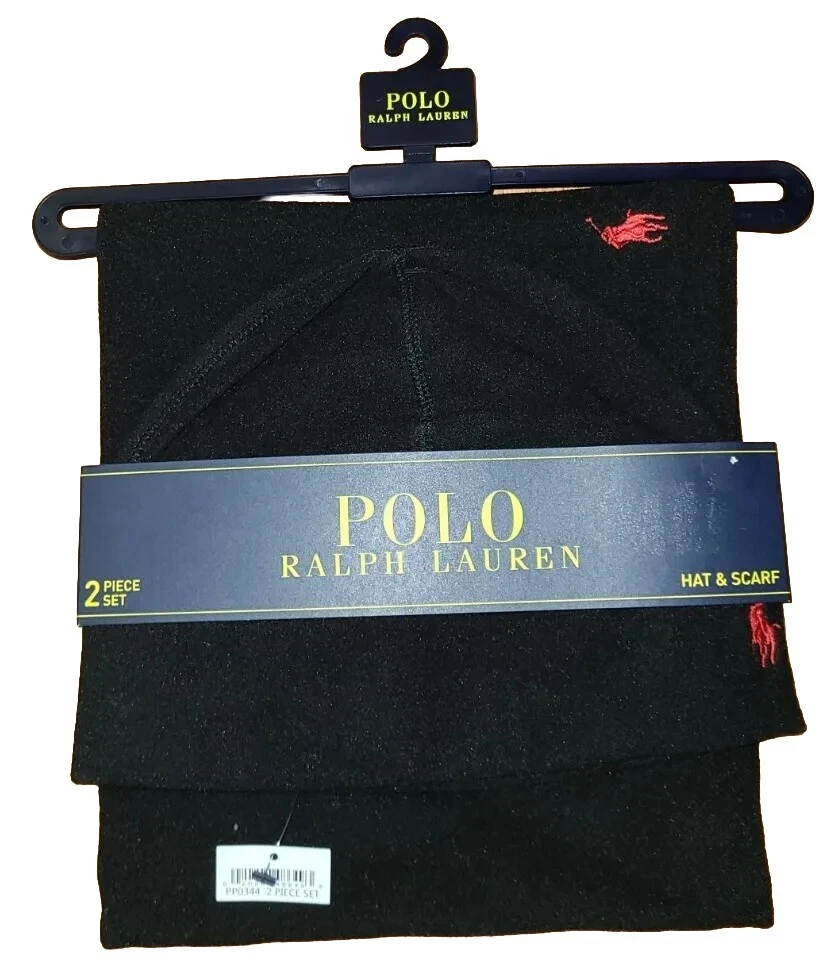 POLO Ralph Lauren Men's Black Fleece Hat & Scarf 2 Piece Set One Size Red Pony