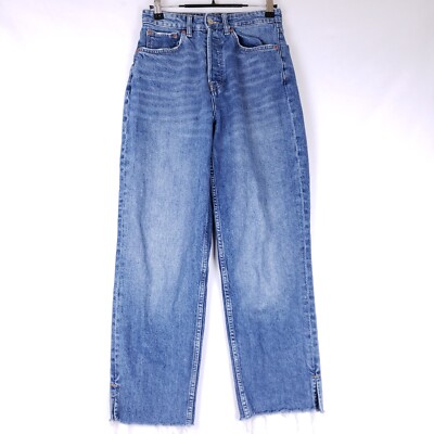 H&M Divided Womens High Rise Distressed Straight Leg Jeans