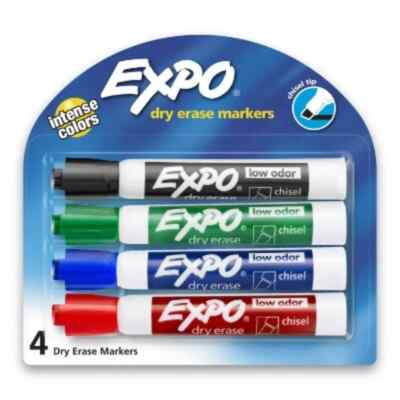 Expo 4pk Dry Erase Markers Chisel Tip Multicolored: Low-Odor Whiteboard Markers