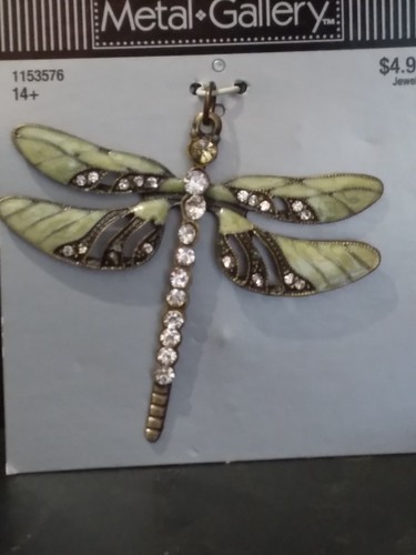 Dragonfly Green with Rhinestones Pendent Metal Gallery #1153576 NWT 2" - Picture 2 of 5