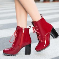 Womens Fashion Shiny Lace up High Chunky Heel Round Toe Ankle Boots Oversize New