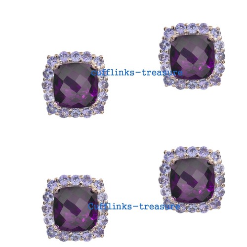 Natural Amethyst & Tanzanite Gemstones 925 Sterling Silver Tuxedo Buttons set #7 - Picture 4 of 6